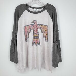 L&B Baseball Tee Size Large Thunderbird Southwestern Ruffled Bell Sleeve